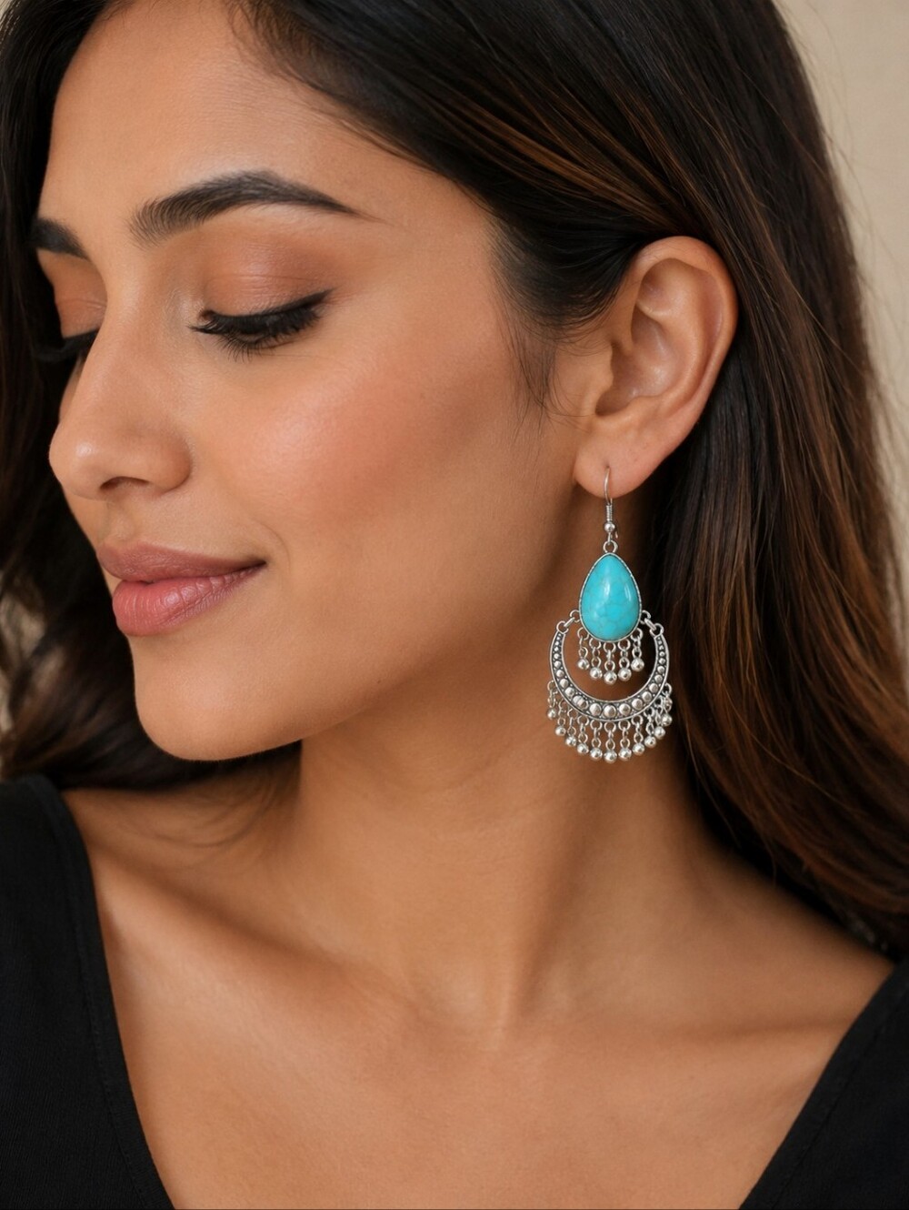 Turquoise Resin And Silver Tone Drop Boho Earrings
